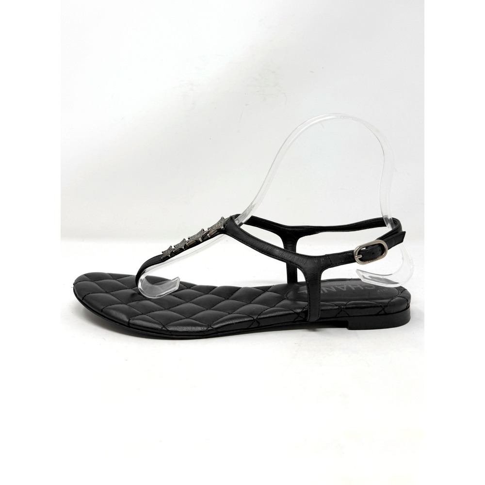 Chanel CC Star Charm Quilted Leather Flat Sandals Black 37.5 - Picture 2 of 9